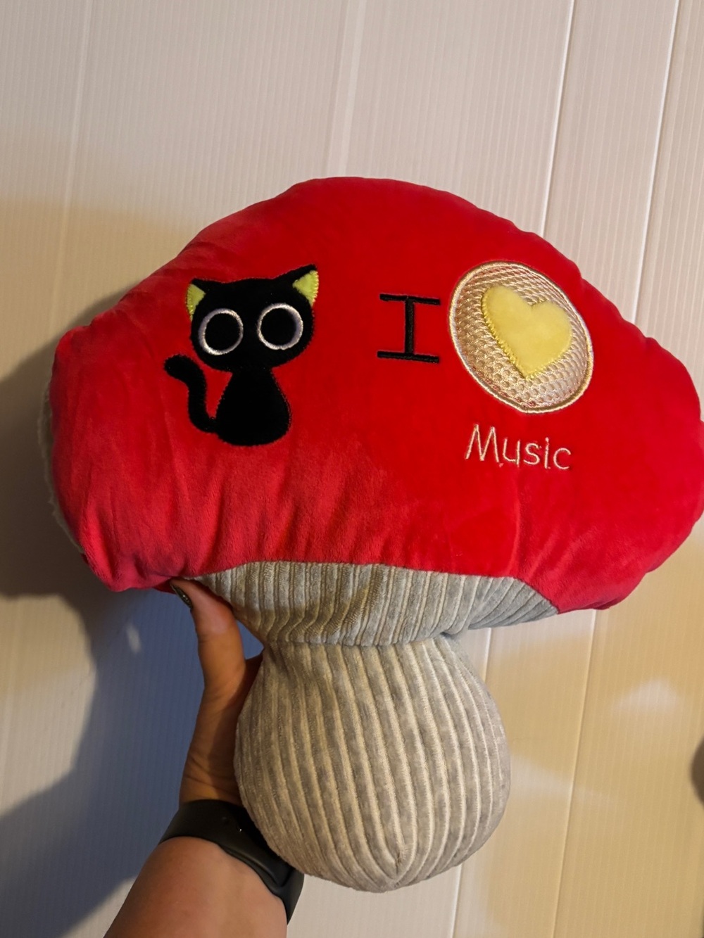 Red Mushroom Plush Toy - I Love Music Cat Design